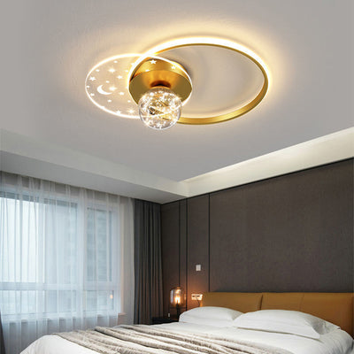 Contemporary Scandinavian Round Orb Star Crescent Glass Acrylic Iron LED Flush Mount Ceiling Light For Bedroom