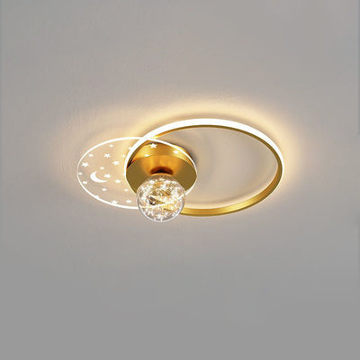 Contemporary Scandinavian Round Orb Star Crescent Glass Acrylic Iron LED Flush Mount Ceiling Light For Bedroom