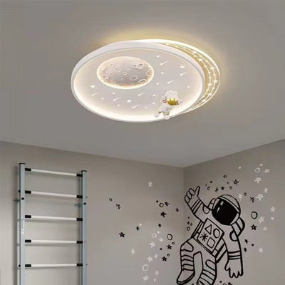 Modern Minimalist Kids Astronaut Planet Round Acrylic Resin Iron LED Flush Mount Ceiling Light For Bedroom