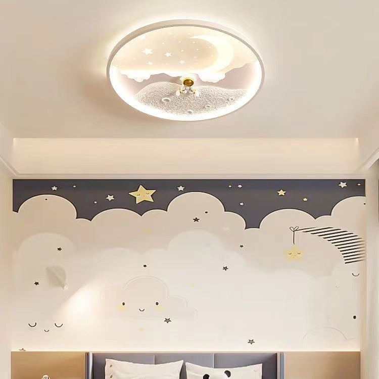 Modern Minimalist Kids Astronaut Planet Round Acrylic Resin Iron LED Flush Mount Ceiling Light For Bedroom