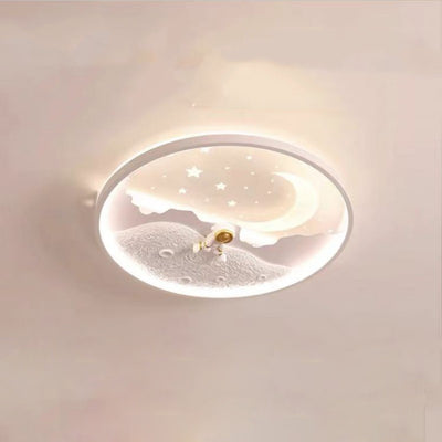 Modern Minimalist Kids Astronaut Planet Round Acrylic Resin Iron LED Flush Mount Ceiling Light For Bedroom