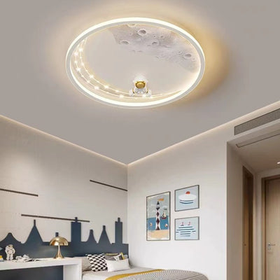 Modern Minimalist Kids Astronaut Planet Round Acrylic Resin Iron LED Flush Mount Ceiling Light For Bedroom