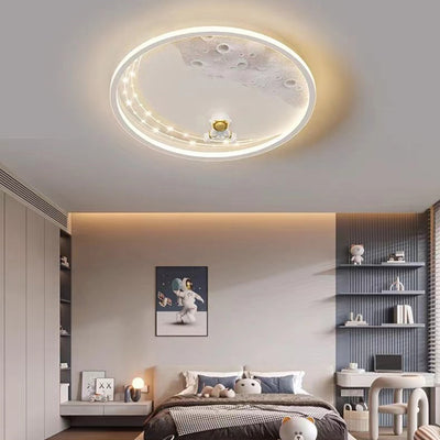 Modern Minimalist Kids Astronaut Planet Round Acrylic Resin Iron LED Flush Mount Ceiling Light For Bedroom