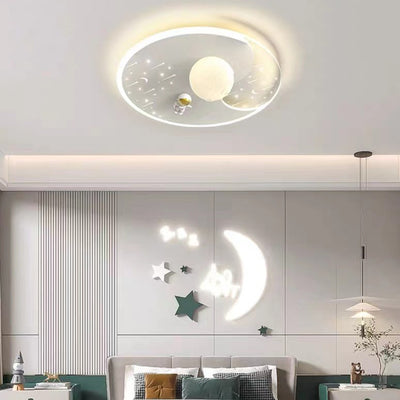 Modern Minimalist Kids Spaceman Planet Orb Acrylic Resin Iron LED Flush Mount Ceiling Light For Living Room