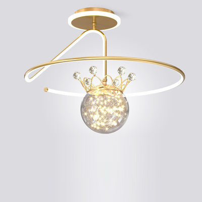 Modern Luxury Round Orb Crown PC Iron LED Semi-Flush Mount Ceiling Light For Bedroom