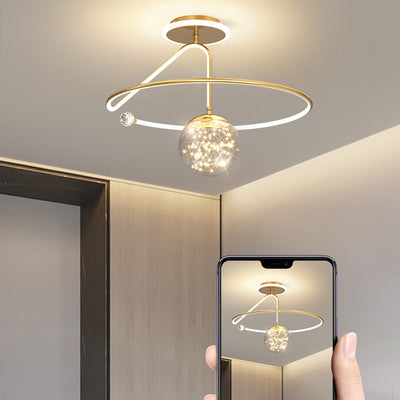 Modern Luxury Round Orb Crown PC Iron LED Semi-Flush Mount Ceiling Light For Bedroom