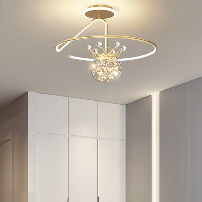 Modern Luxury Round Orb Crown PC Iron LED Semi-Flush Mount Ceiling Light For Bedroom