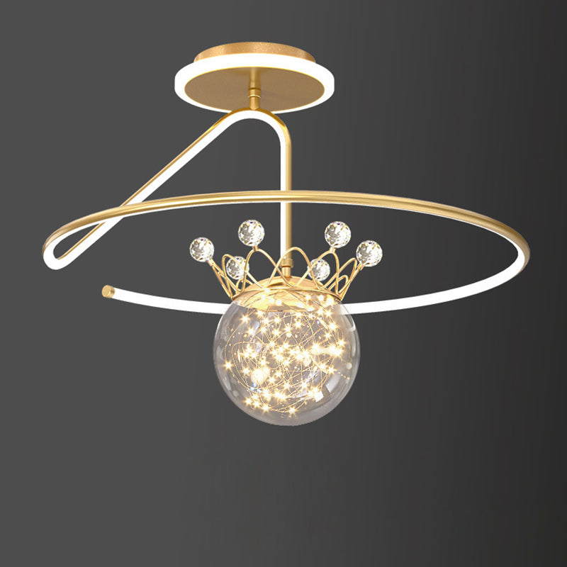 Modern Luxury Round Orb Crown PC Iron LED Semi-Flush Mount Ceiling Light For Bedroom