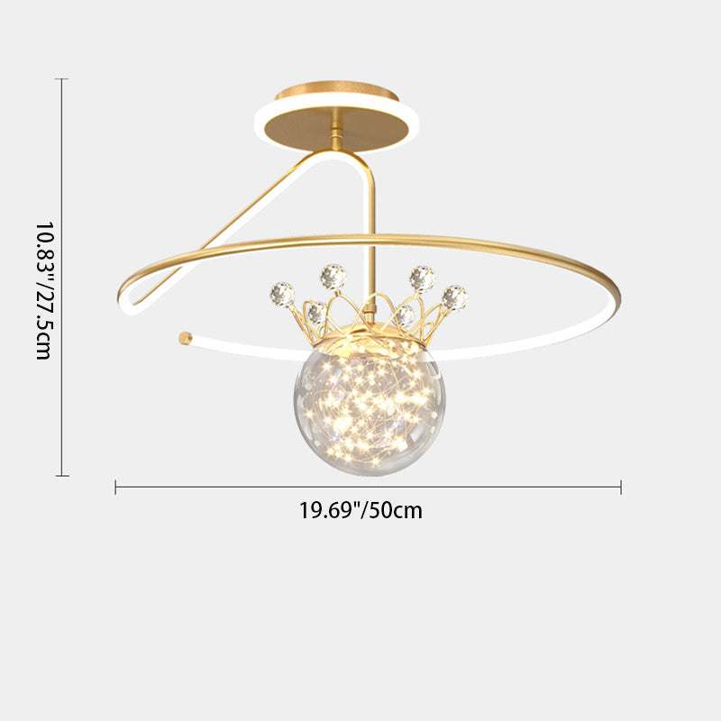 Modern Luxury Round Orb Crown PC Iron LED Semi-Flush Mount Ceiling Light For Bedroom