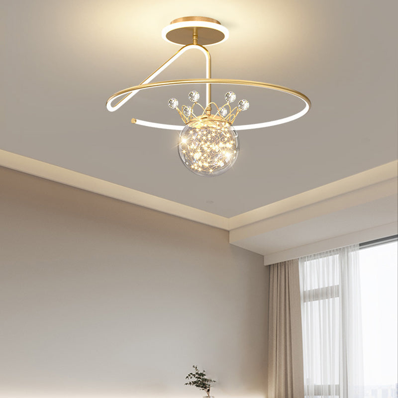 Modern Luxury Round Orb Crown PC Iron LED Semi-Flush Mount Ceiling Light For Bedroom