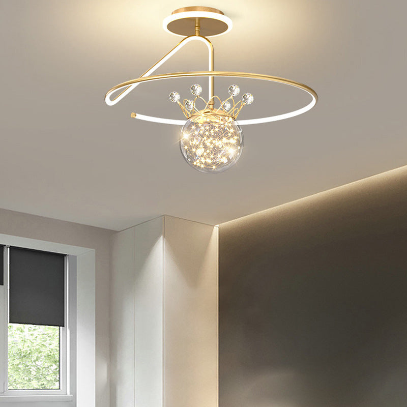 Modern Luxury Round Orb Crown PC Iron LED Semi-Flush Mount Ceiling Light For Bedroom