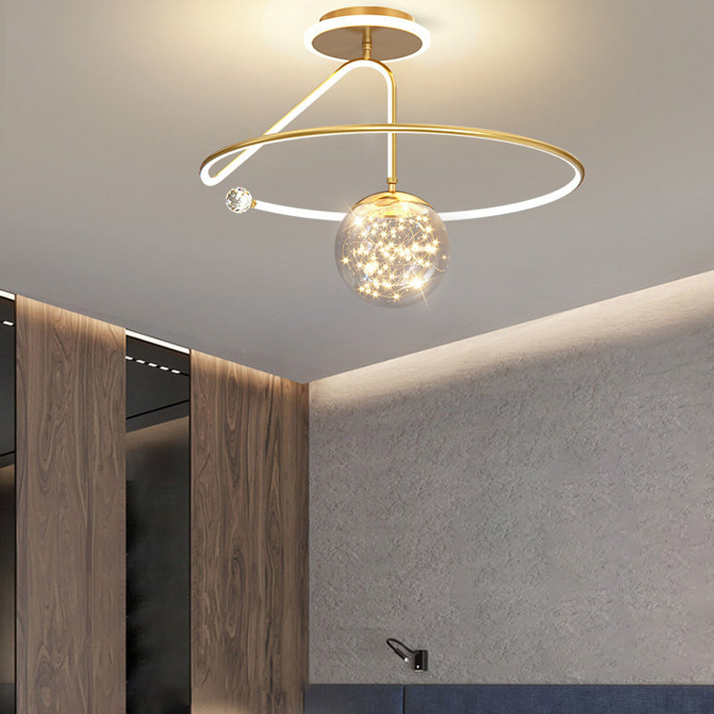 Modern Luxury Round Orb Crown PC Iron LED Semi-Flush Mount Ceiling Light For Bedroom