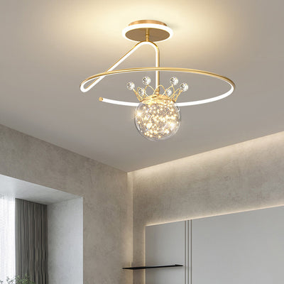 Modern Luxury Round Orb Crown PC Iron LED Semi-Flush Mount Ceiling Light For Bedroom