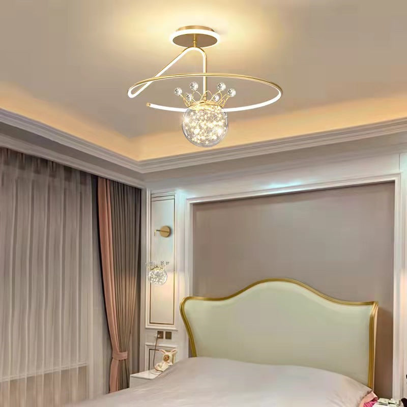 Modern Luxury Round Orb Crown PC Iron LED Semi-Flush Mount Ceiling Light For Bedroom