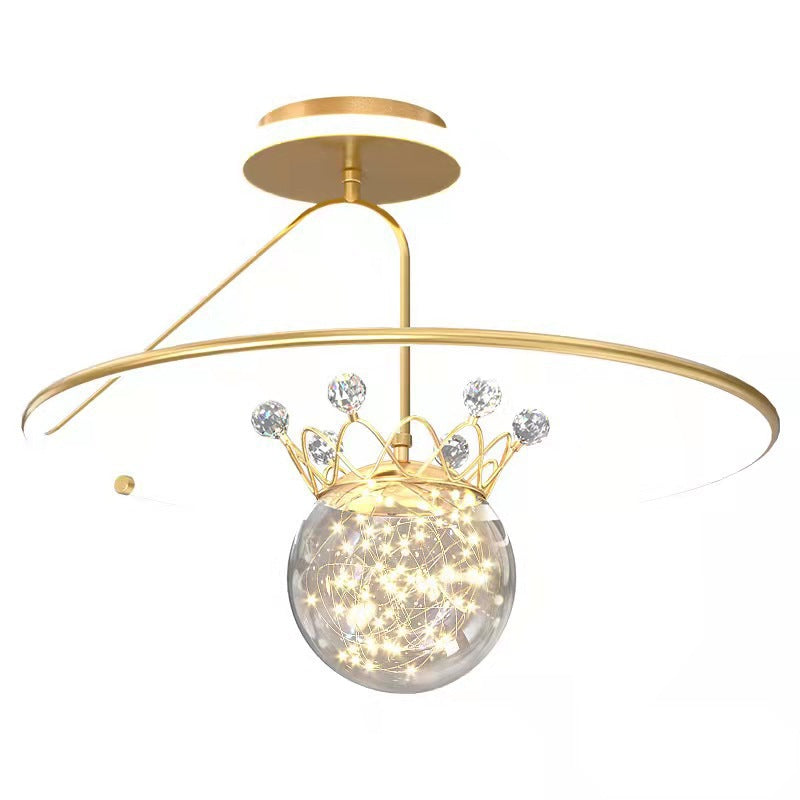 Modern Luxury Round Orb Crown PC Iron LED Semi-Flush Mount Ceiling Light For Bedroom