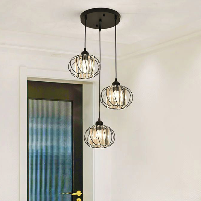 Contemporary Nordic Slash Straight Line Hollow Round Crystal Iron 3-Light Chandelier For Living Room