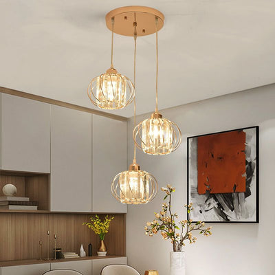 Contemporary Nordic Slash Straight Line Hollow Round Crystal Iron 3-Light Chandelier For Living Room