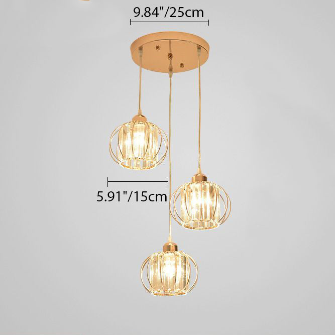 Contemporary Nordic Slash Straight Line Hollow Round Crystal Iron 3-Light Chandelier For Living Room