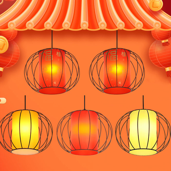 Traditional Chinese Lantern Round Cylinder Laminated Hardware 1-Light Pendant Light For Living Room