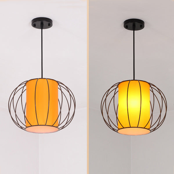 Traditional Chinese Lantern Round Cylinder Laminated Hardware 1-Light Pendant Light For Living Room