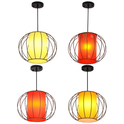 Traditional Chinese Lantern Round Cylinder Laminated Hardware 1-Light Pendant Light For Living Room