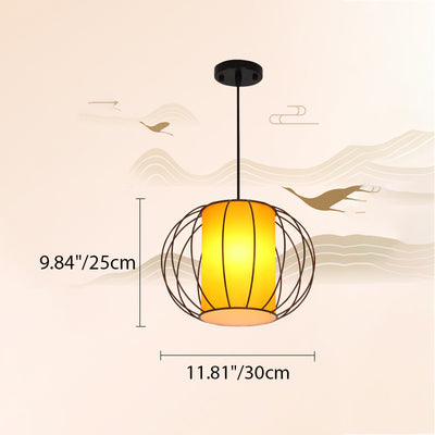 Traditional Chinese Lantern Round Cylinder Laminated Hardware 1-Light Pendant Light For Living Room