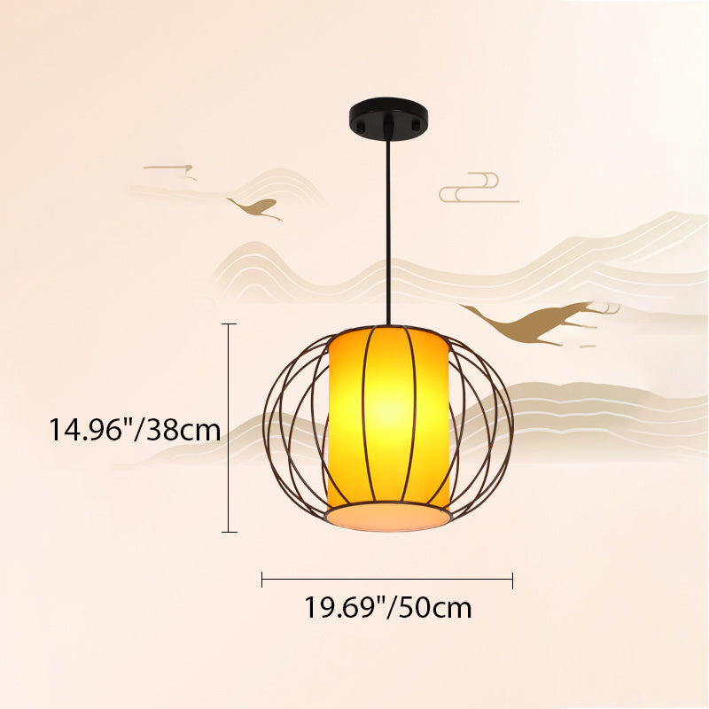 Traditional Chinese Lantern Round Cylinder Laminated Hardware 1-Light Pendant Light For Living Room