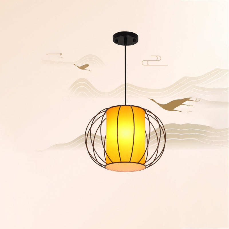 Traditional Chinese Lantern Round Cylinder Laminated Hardware 1-Light Pendant Light For Living Room