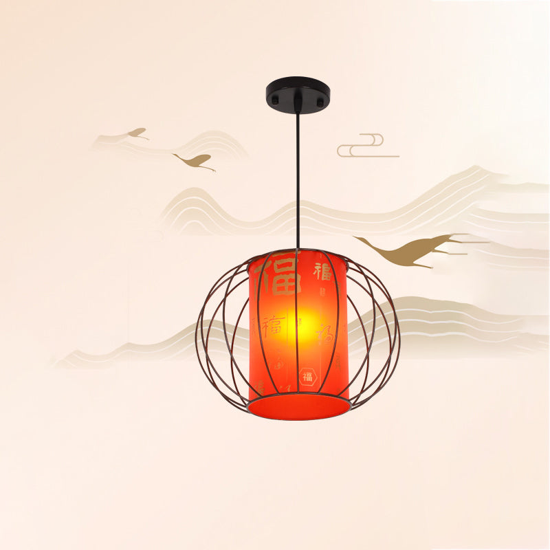 Traditional Chinese Lantern Round Cylinder Laminated Hardware 1-Light Pendant Light For Living Room