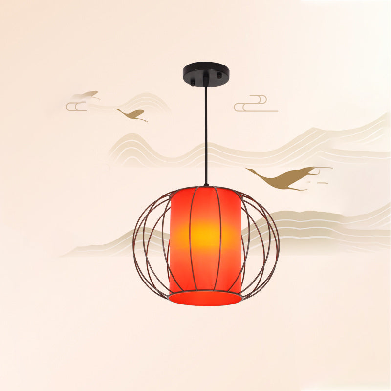 Traditional Chinese Lantern Round Cylinder Laminated Hardware 1-Light Pendant Light For Living Room