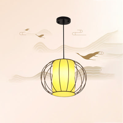 Traditional Chinese Lantern Round Cylinder Laminated Hardware 1-Light Pendant Light For Living Room