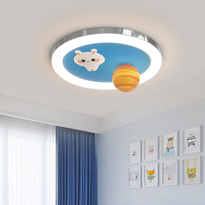 Modern Art Deco Kids Bunny Planet Acrylic Glass Resin Iron LED Flush Mount Ceiling Light For Bedroom