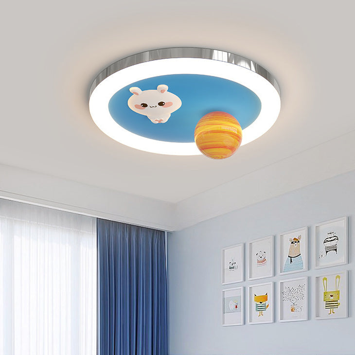 Modern Art Deco Kids Bunny Planet Acrylic Glass Resin Iron LED Flush Mount Ceiling Light For Bedroom