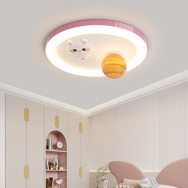 Modern Art Deco Kids Bunny Planet Acrylic Glass Resin Iron LED Flush Mount Ceiling Light For Bedroom