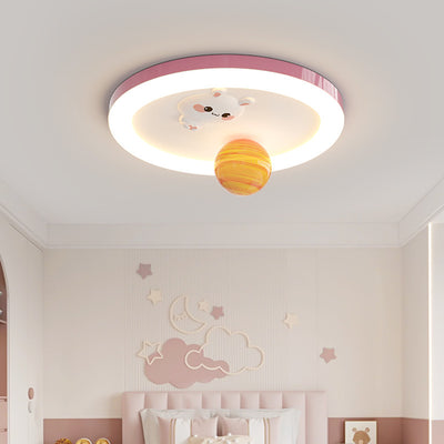 Modern Art Deco Kids Bunny Planet Acrylic Glass Resin Iron LED Flush Mount Ceiling Light For Bedroom