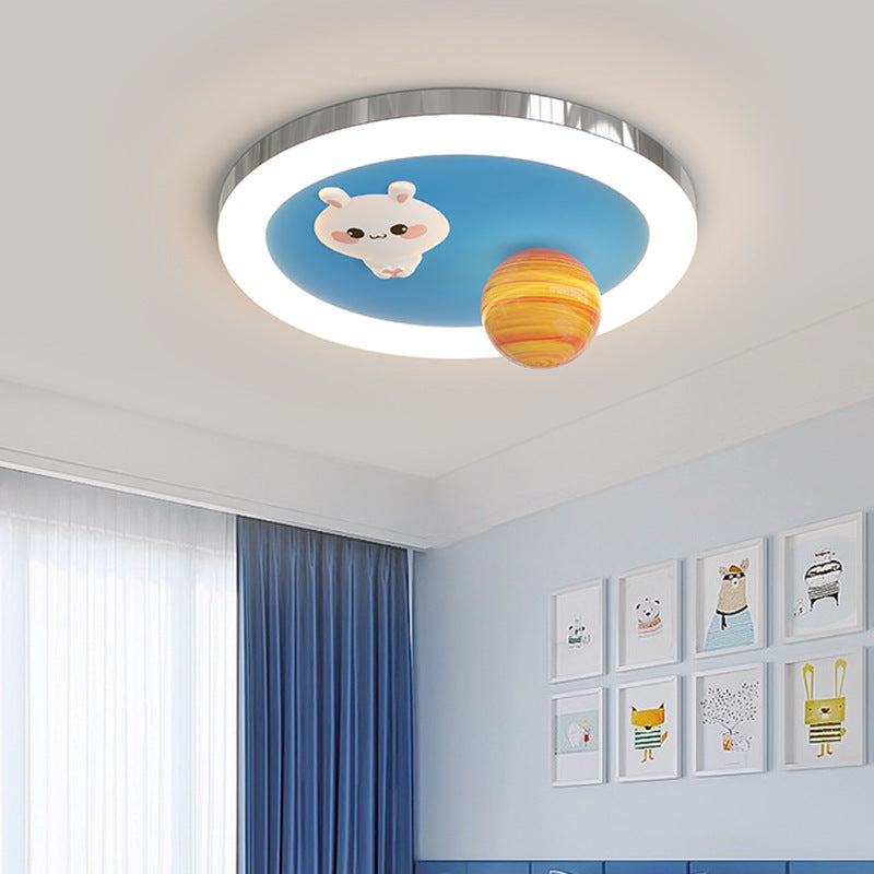 Modern Art Deco Kids Bunny Planet Acrylic Glass Resin Iron LED Flush Mount Ceiling Light For Bedroom