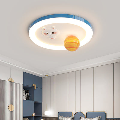 Modern Art Deco Kids Bunny Planet Acrylic Glass Resin Iron LED Flush Mount Ceiling Light For Bedroom