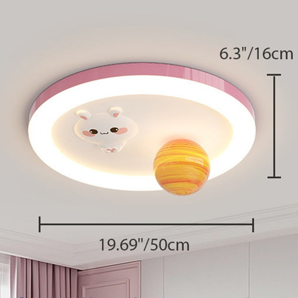 Modern Art Deco Kids Bunny Planet Acrylic Glass Resin Iron LED Flush Mount Ceiling Light For Bedroom