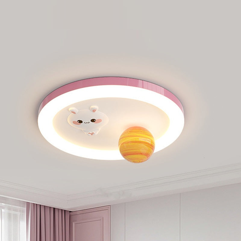 Modern Art Deco Kids Bunny Planet Acrylic Glass Resin Iron LED Flush Mount Ceiling Light For Bedroom