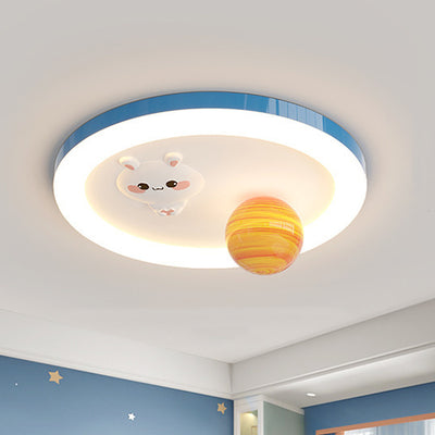 Modern Art Deco Kids Bunny Planet Acrylic Glass Resin Iron LED Flush Mount Ceiling Light For Bedroom