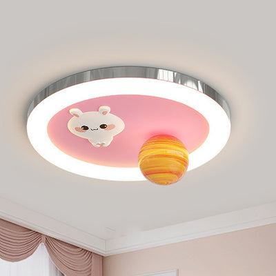 Modern Art Deco Kids Bunny Planet Acrylic Glass Resin Iron LED Flush Mount Ceiling Light For Bedroom