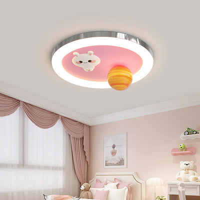 Modern Art Deco Kids Bunny Planet Acrylic Glass Resin Iron LED Flush Mount Ceiling Light For Bedroom