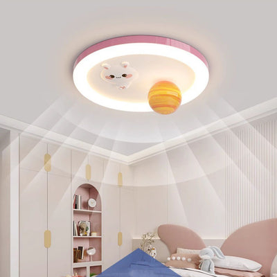 Modern Art Deco Kids Bunny Planet Acrylic Glass Resin Iron LED Flush Mount Ceiling Light For Bedroom