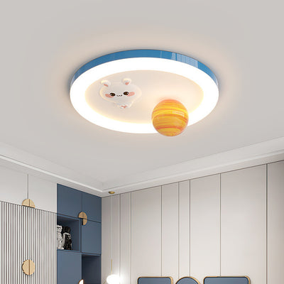 Modern Art Deco Kids Bunny Planet Acrylic Glass Resin Iron LED Flush Mount Ceiling Light For Bedroom