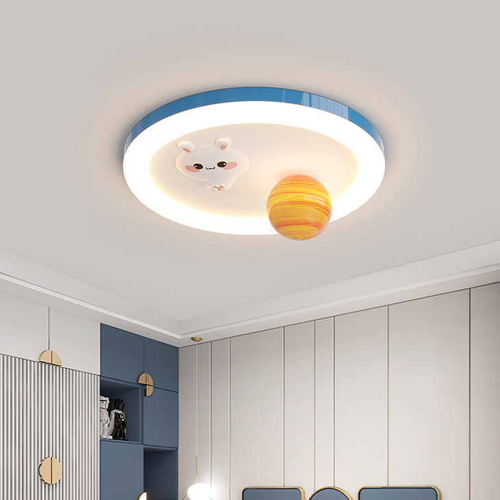 Modern Art Deco Kids Bunny Planet Acrylic Glass Resin Iron LED Flush Mount Ceiling Light For Bedroom