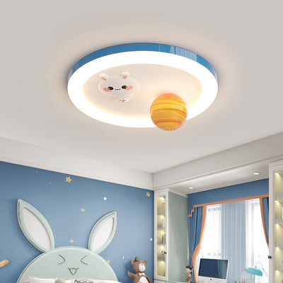 Modern Art Deco Kids Bunny Planet Acrylic Glass Resin Iron LED Flush Mount Ceiling Light For Bedroom