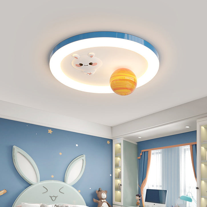 Modern Art Deco Kids Bunny Planet Acrylic Glass Resin Iron LED Flush Mount Ceiling Light For Bedroom