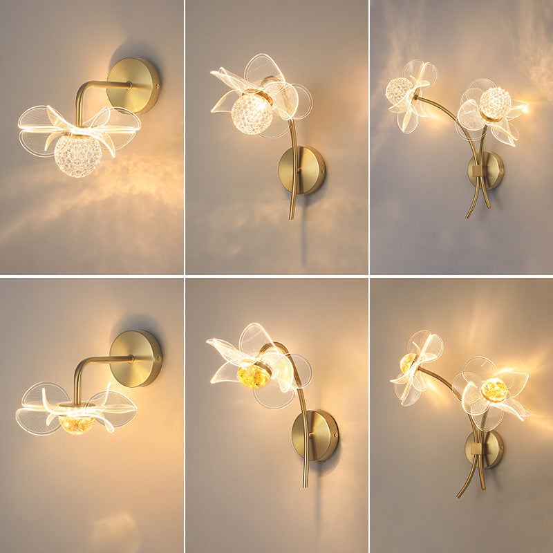 Modern Art Deco Flower Curved Acrylic Iron LED Wall Sconce Lamp For Living Room