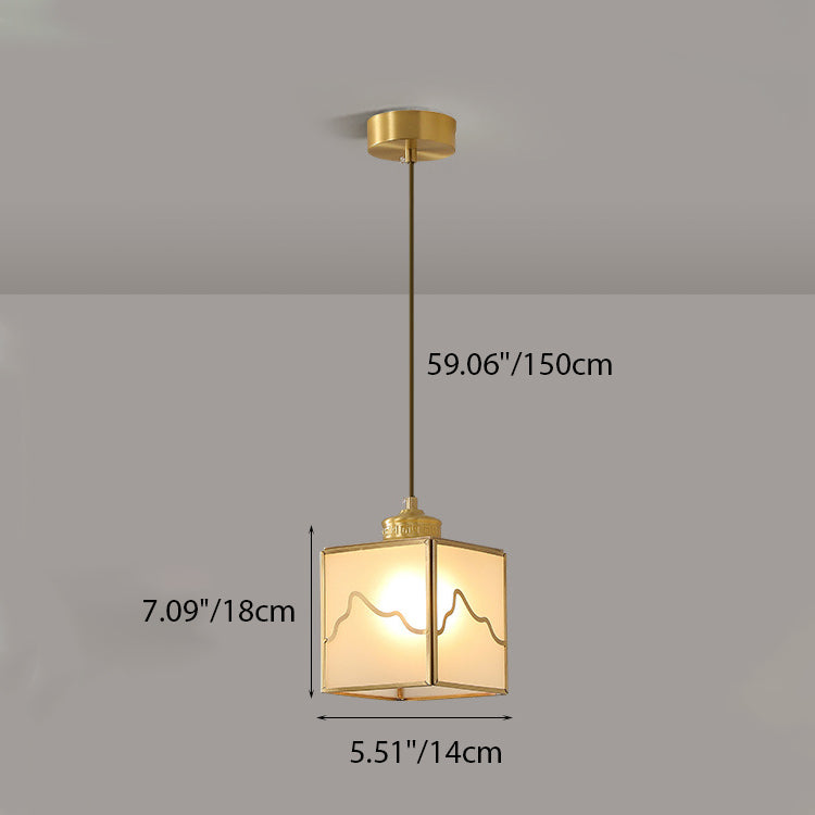 Traditional Chinese Square Line Glass Copper 1-Light Pendant Light For Living Room