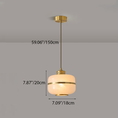 Traditional Chinese Round Column Glass Copper 1-Light Pendant Light For Living Room